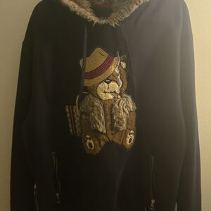 Cozy Makobi Navy Blue Pullover V-Neck Sweater with Bear Design & Fur Trim 2X